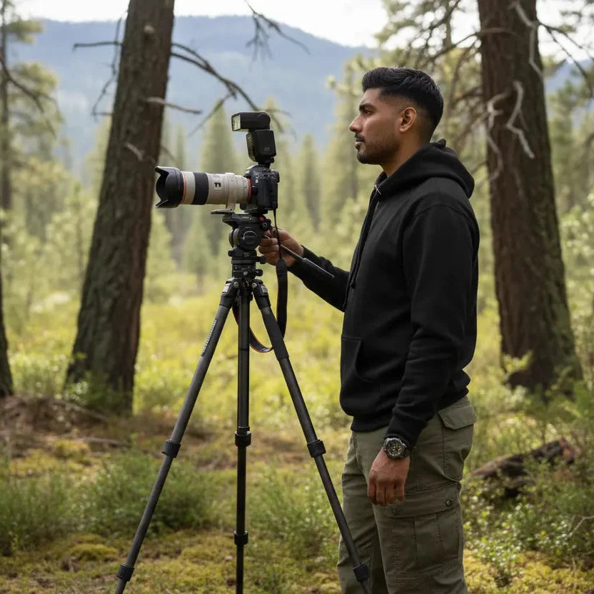 homme portant le hoodie en coton bio negua coloris noir en pleine nature
