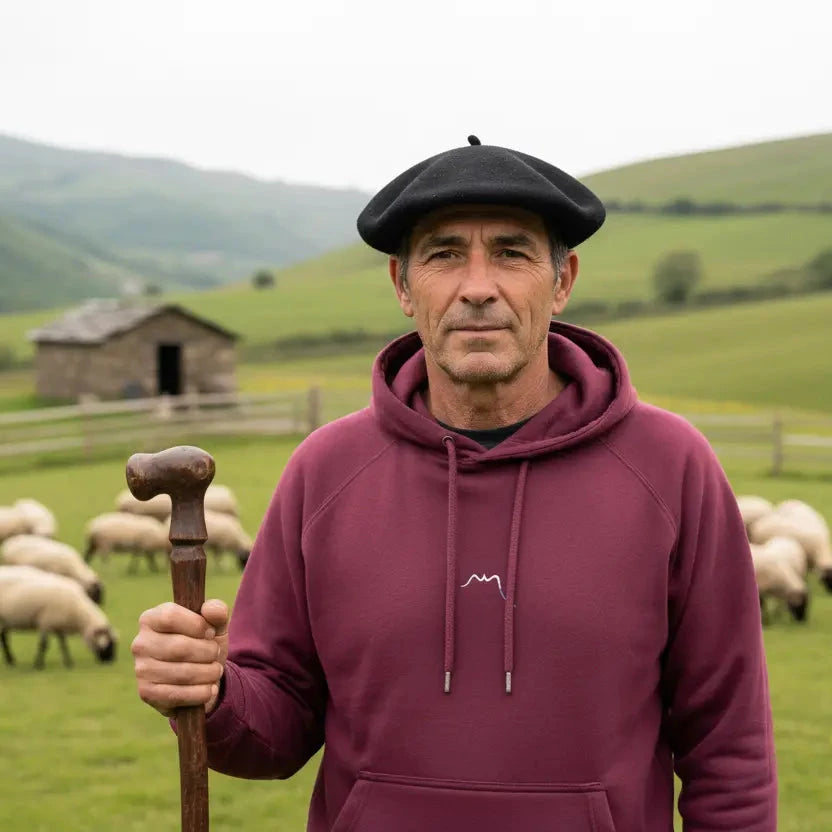 berger portant le hoodie sweat à capuche femme homme en coton biologique hotza coloris bordeaux devant ses moutons au pays basque