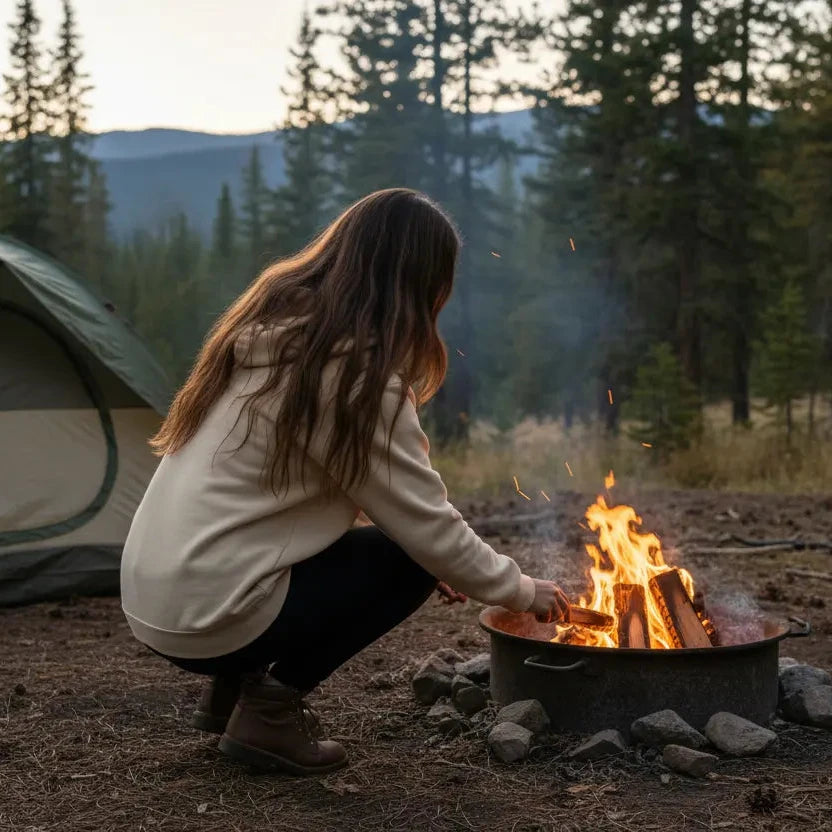 femme portant le hoodie sweat à capuche en coton bio ekaitza coloris beige devant un feu de camp