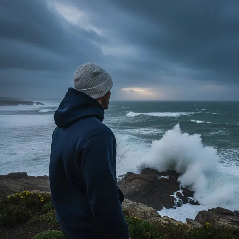homme portant le hoodie sweat à capuche en coton bio ekaitza devant l'océan en pleine tempête