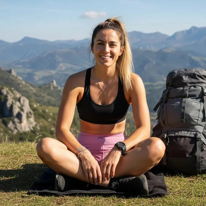 femme portant le legging short coloris rose assise dans l'herbe à la montagne