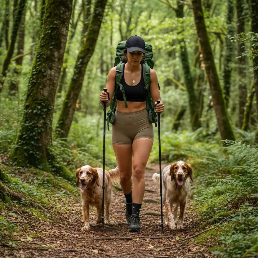 femme portant le legging short coloris brun en forêt