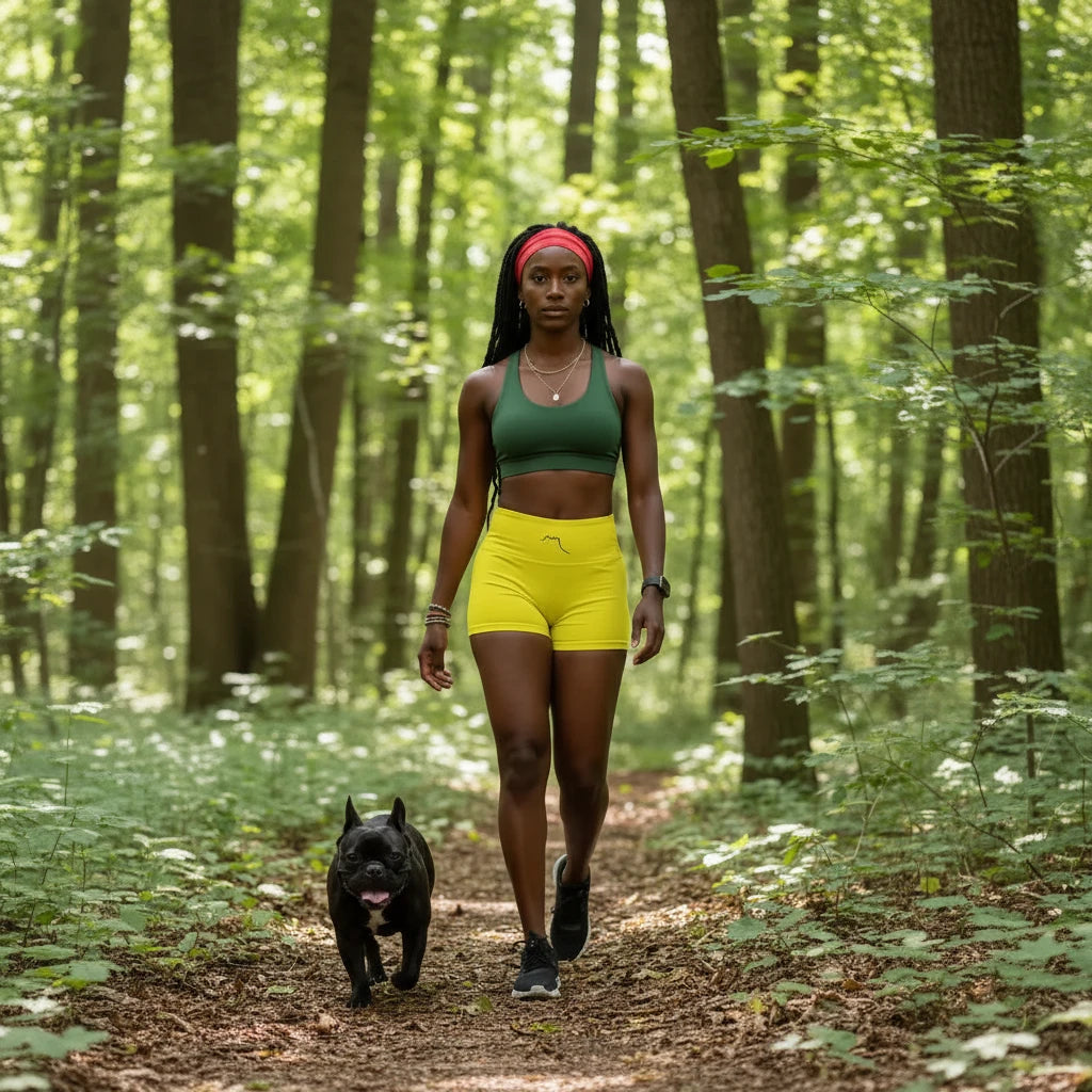 femme portant le legging short coloris jaune qui marche en forêt avec son chien