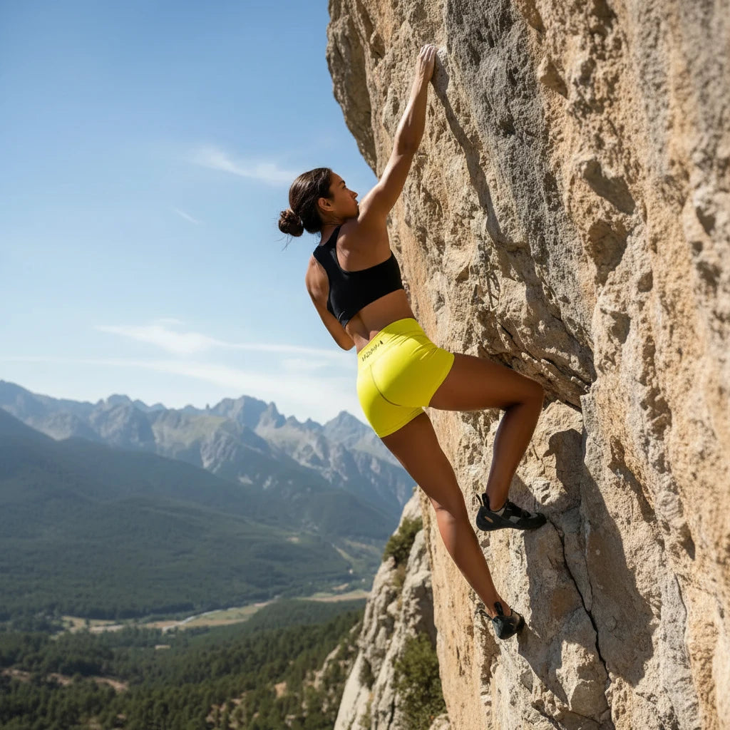 femme portant le legging short coloris jaune qui fait de l'escalade