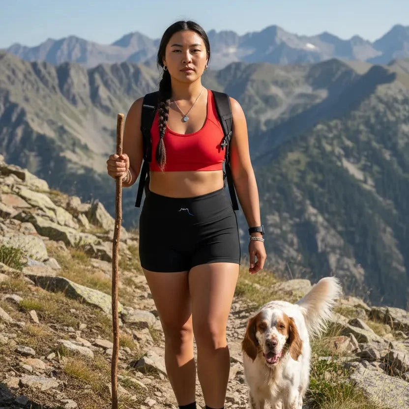 femme portant le legging short coloris noir en randonnée à la montagne