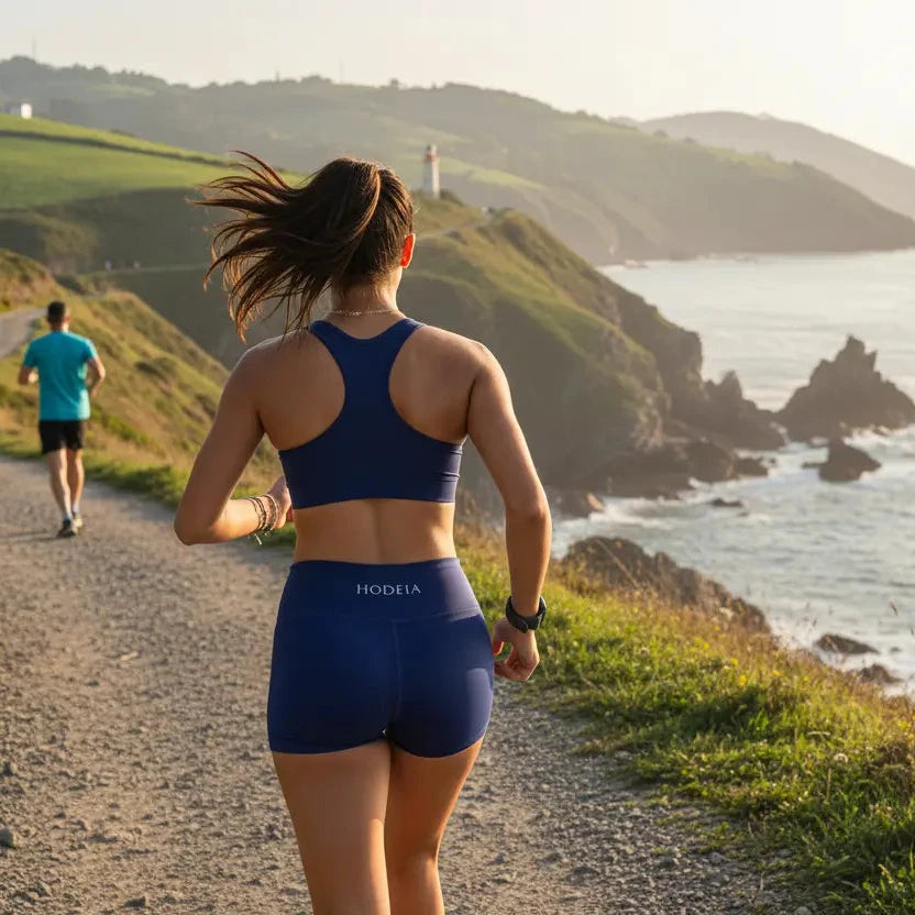 femme portant le legging short coloris bleu marine devant l'océan