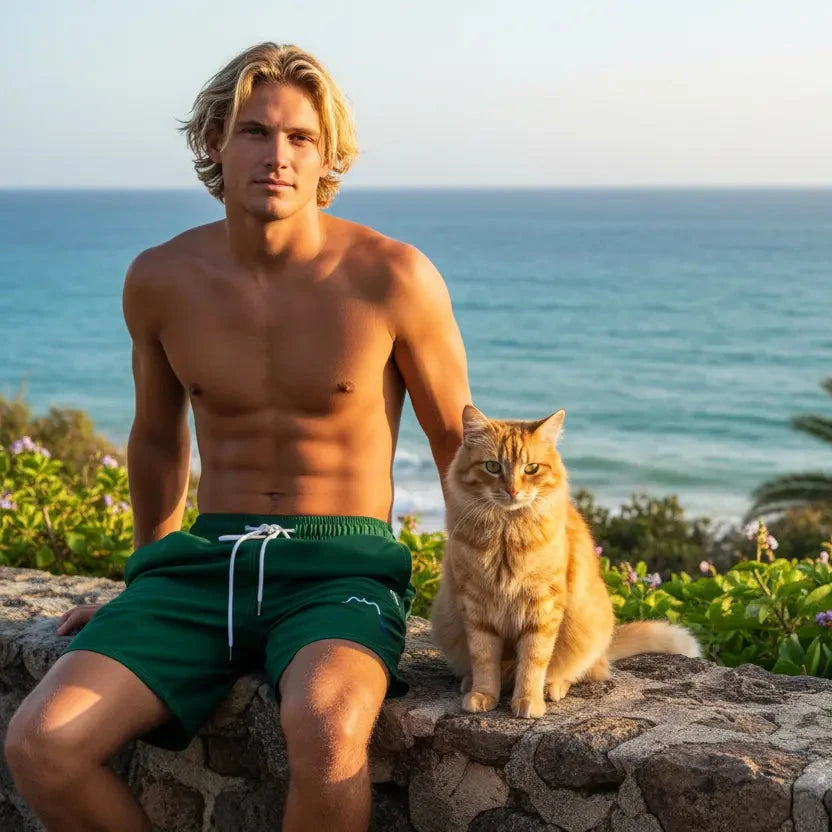 homme portant le maillot de surf indar coloris vert forêt avec un chat devant l'océan