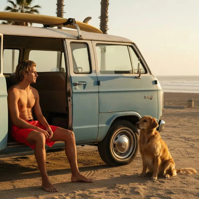 homme portant le maillot de surf indar coloris rouge dans son van devant l'océan