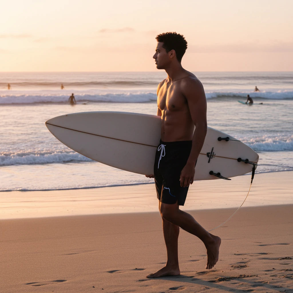 homme portant le maillot de surf indar coloris noir avec sa planche de surf sur une plage