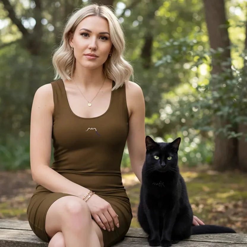 femme portant la robe courte moulante sans manches éco-responsable zumaia coloris marron sur un banc avec un chat