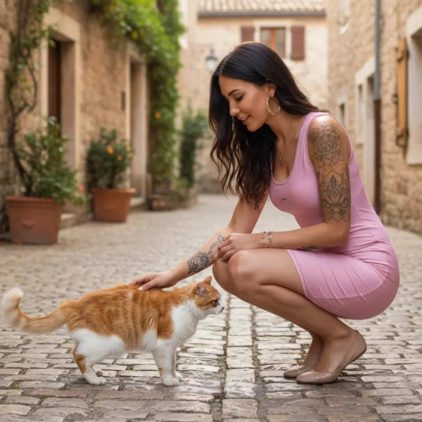 femme portant la robe courte moulante sans manches éco-responsable zumaia coloris vieux rose dans une rue avec un chat 