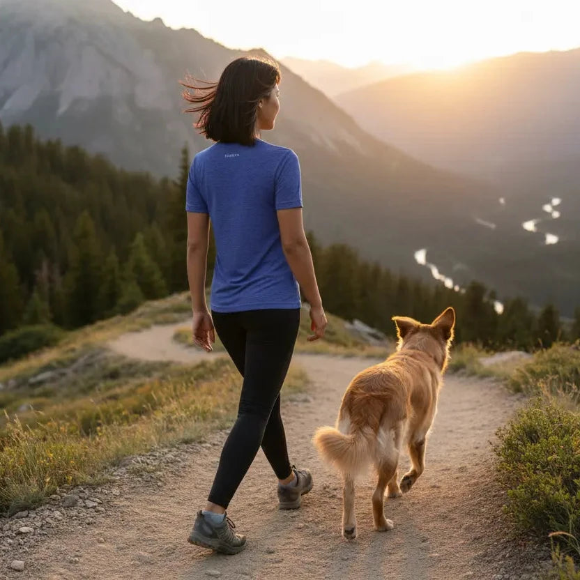 femme portant le t-shirt brodé le fin coloris bleu chiné à la montagne