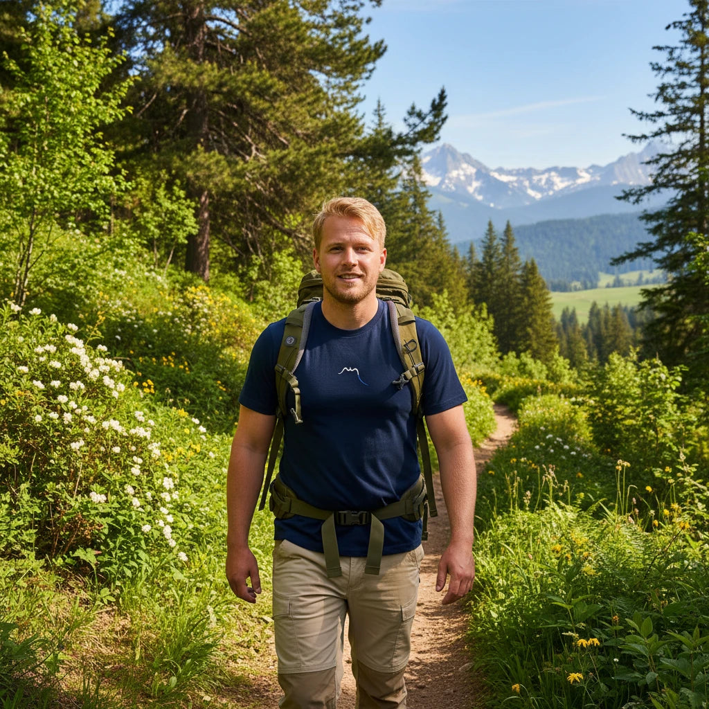 homme portant le t-shirt en coton bio ankaa coloris bleu marine en randonnée à la montagne