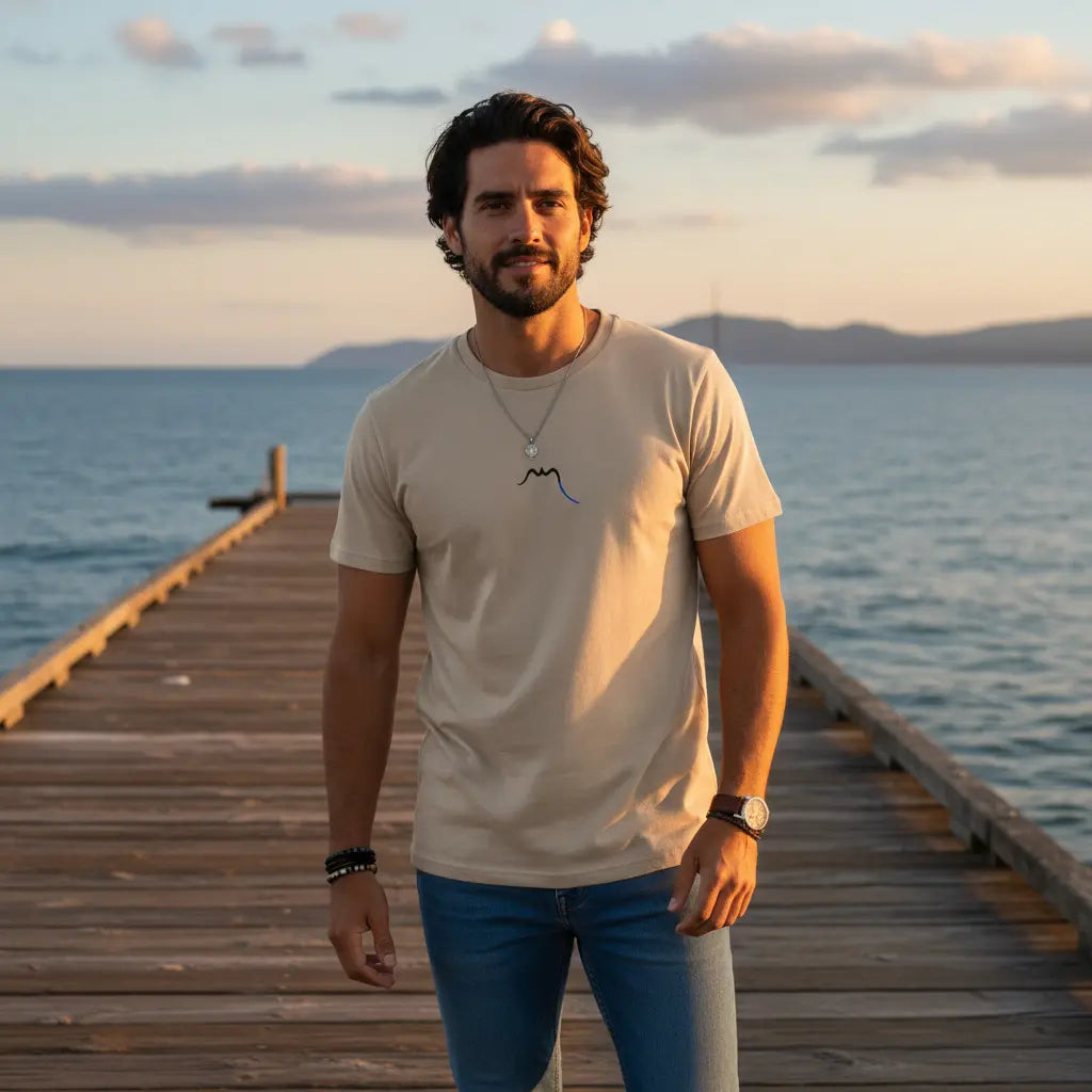 homme portant le t-shirt en coton bio ankaa coloris beige clair sur un ponton au pays basque 