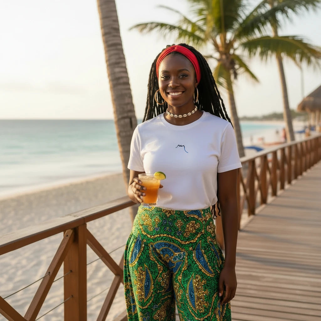 femme portant le t-shirt en coton bio ankaa coloris blanc à la plage