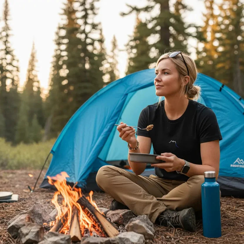 femme portant le t-shirt coton cintré femme insola coloris noir en camping sauvage 
