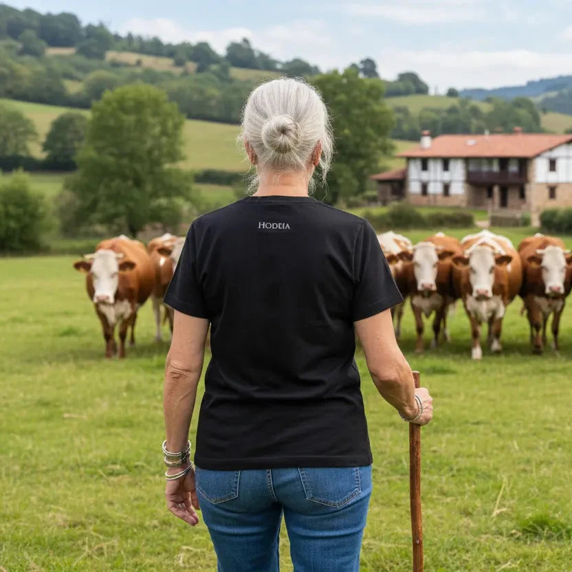 femme portant le t-shirt coton cintré femme insola coloris noir devant son troupeau de vaches