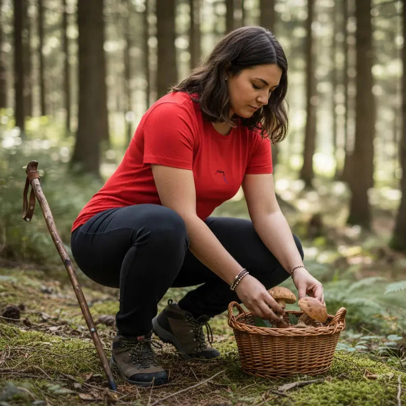 femme portant le t-shirt coton cintré femme insola coloris rouge logo cueillant des cèpes en pleine forêt