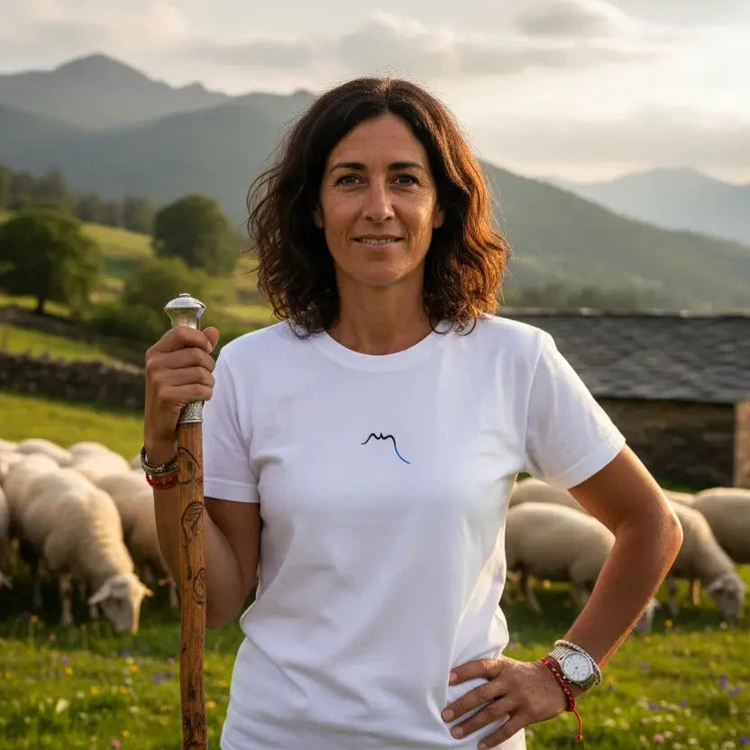 femme portant le t-shirt coton cintré femme insola coloris blanc devant son troupeau de moutons au pays basque
