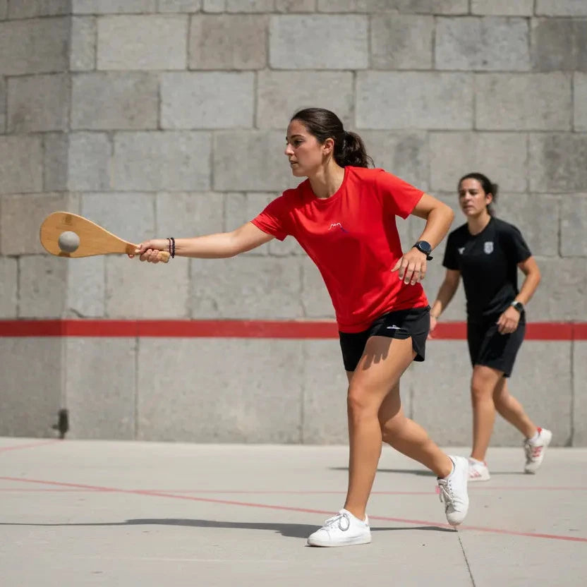 femme portant le t-shirt coton cintré femme insola coloris rouge logo blanc jouant à la pala dans un fronton au pays basque