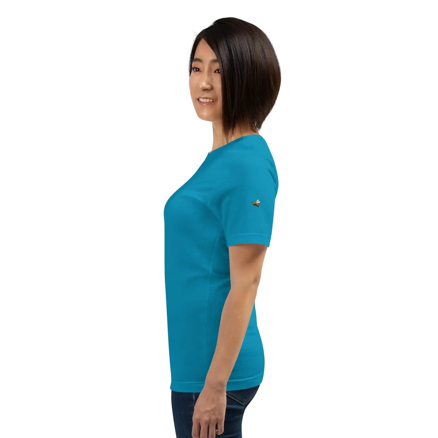 t-shirt coton femme homme basic porté côté coloris bleu pétrole