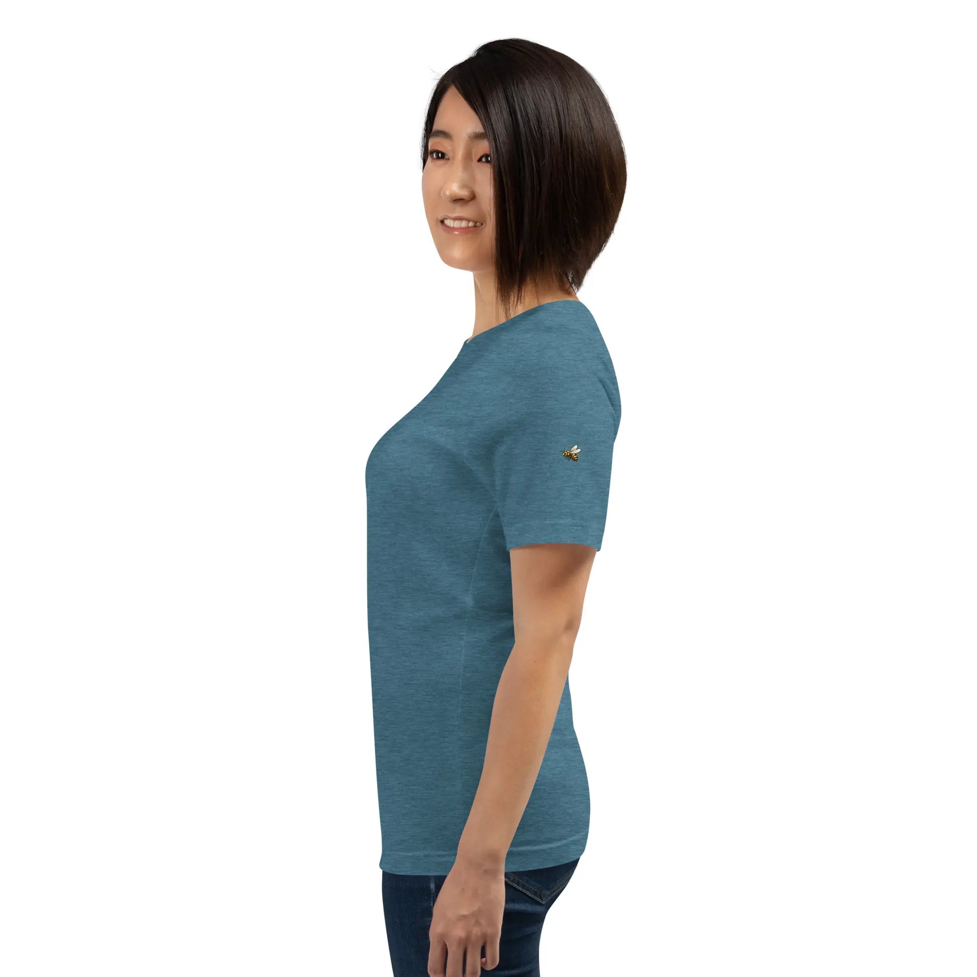 t-shirt coton femme homme basic porté côté coloris bleu canard chiné
