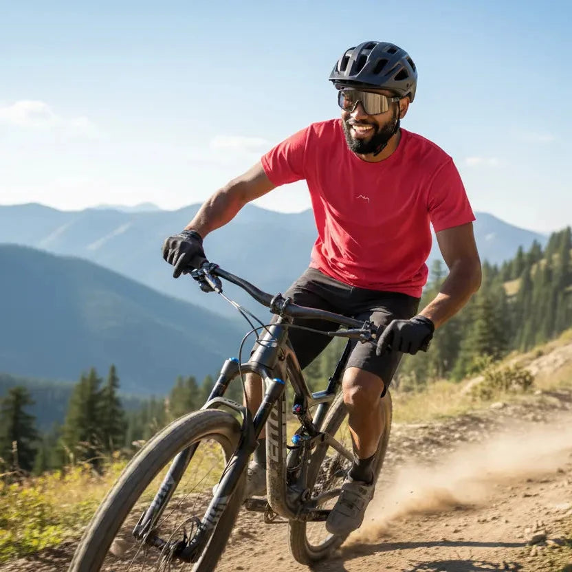 homme portant le t-shirt coton femme homme l'ermite coloris rouge foncé en vtt à la montagne
