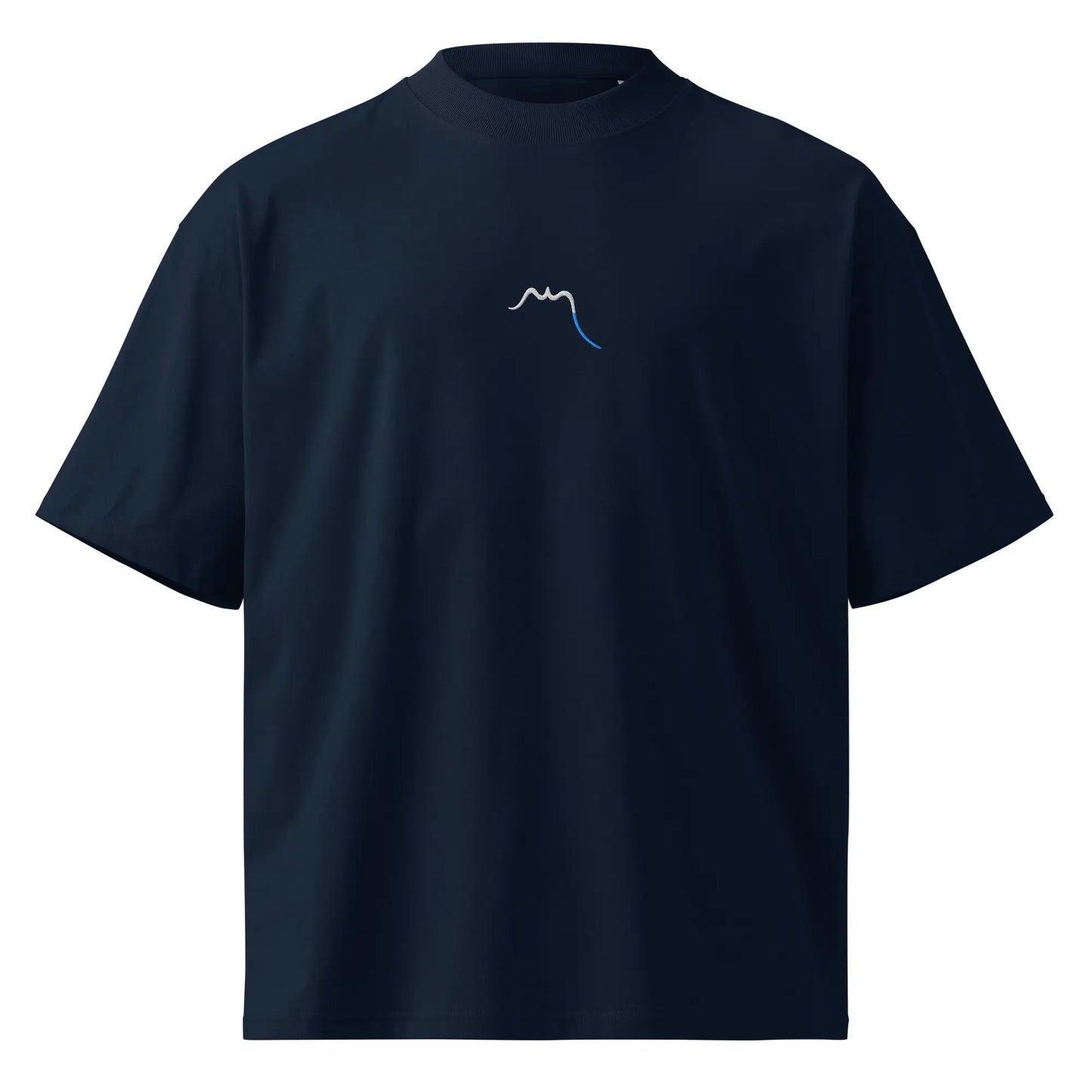 vue de face du t-shirt grande taille en coton bio brodé le pottolo coloris bleu marine