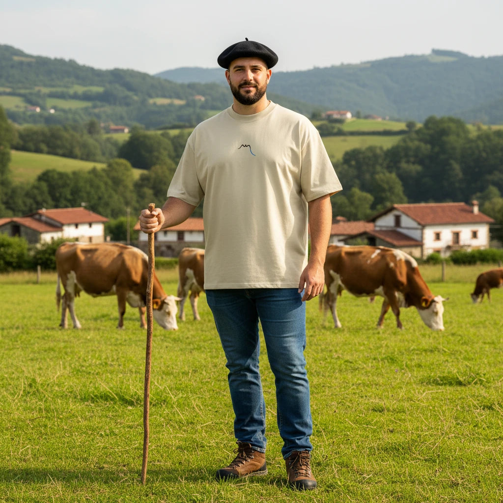 homme portant le t-shirt grande taille en coton bio brodé le pottolo coloris beige clair avec son troupeau de vaches à la campagne au pays basque
