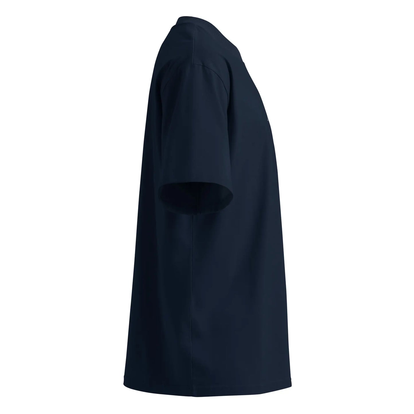 vu côté droit du t-shirt grande taille en coton bio brodé le pottolo coloris bleu marine