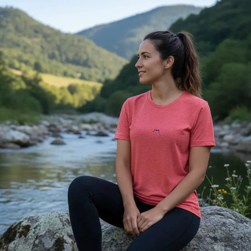 femme portant le t-shirt le fin coloris rouge chiné devant une rivière