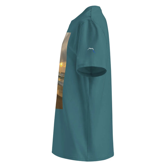 vue côté gauche du t-shirt premium en coton bio bidart centre coloris bleu vert