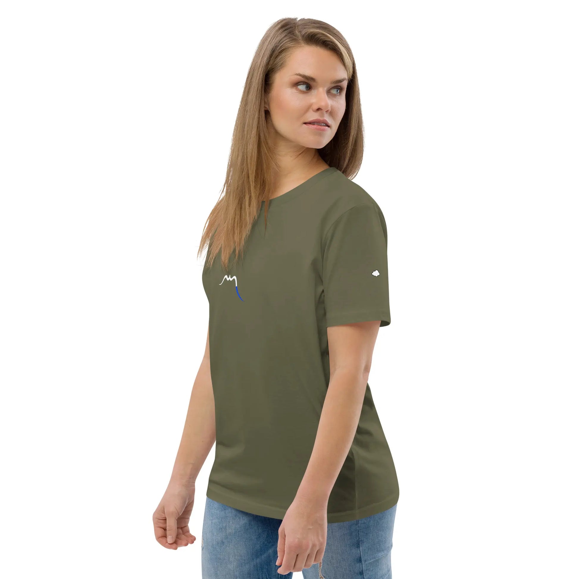 femme portant le t-shirt premium en coton bio hodeia coloris vert kaki