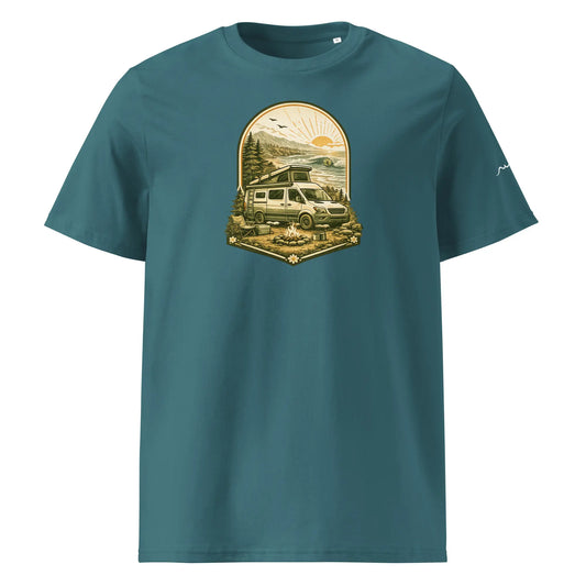 t-shirt premium coton bio femme homme vanlife face coloris bleu