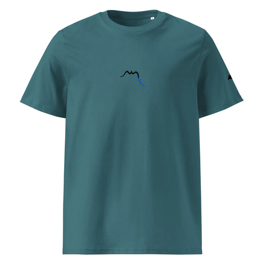 vue de face du t-shirt premium en coton bio manta coloris bleu vert