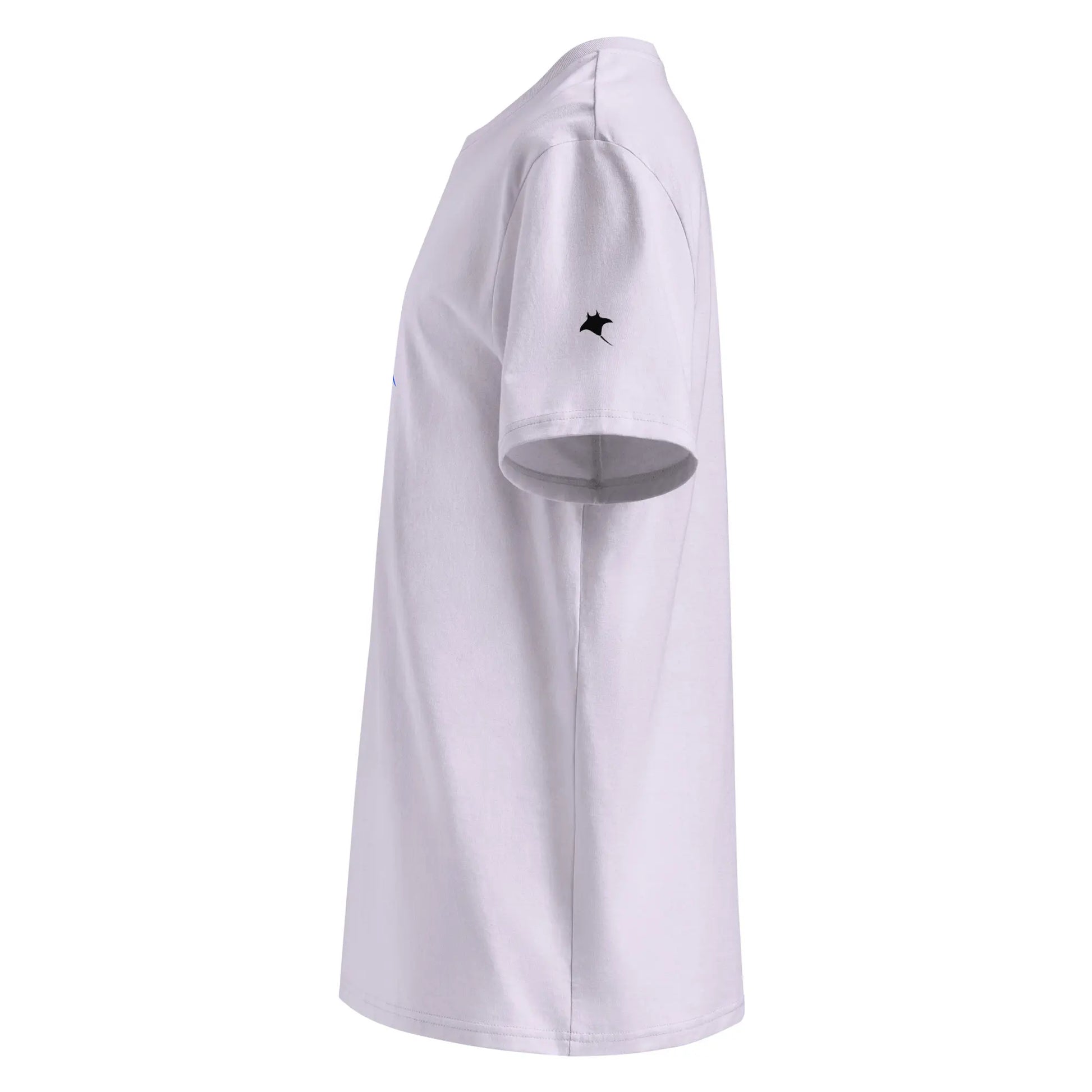 vue côté gauche sur le motif de raie manta sur la manche du t-shirt premium en coton bio manta coloris mauve clair