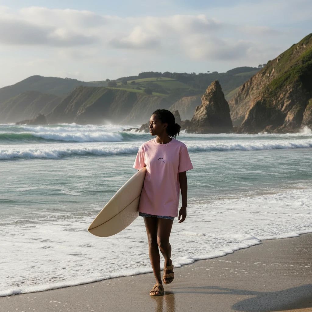 fille portant le t-shirt premium en coton bio zéro coloris rose pâle sur une plage du pays basque