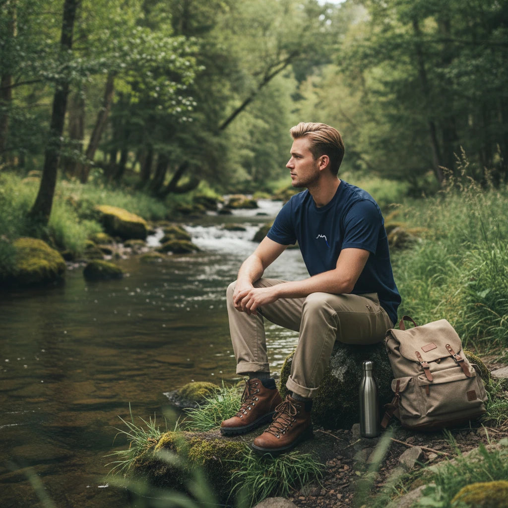 homme portant le t-shirt premium en coton bio zéro coloris bleu marine au bord d'une rivière
