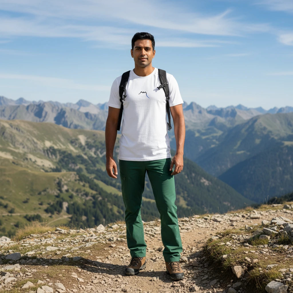 homme portant le t-shirt premium en coton bio zéro coloris blanc en randonnée à la montagne