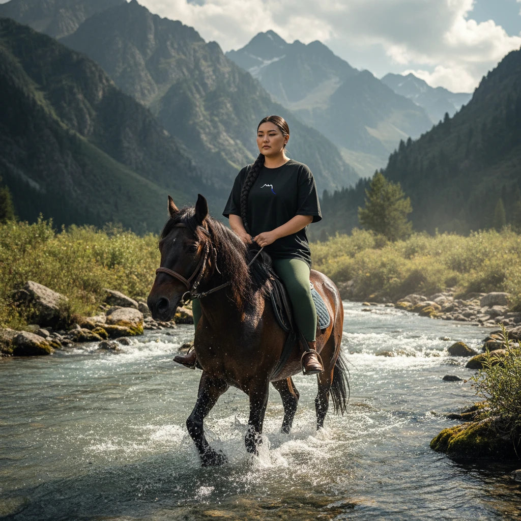 femme portant le t-shirt premium en coton bio zéro coloris noir à cheval en pleine nature