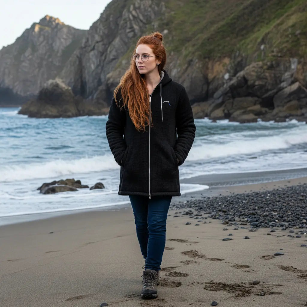 femme portant la veste polaire longue bolivia de face coloris noir su une plage