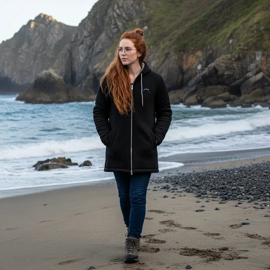 femme portant la veste polaire longue bolivia de face coloris noir su une plage