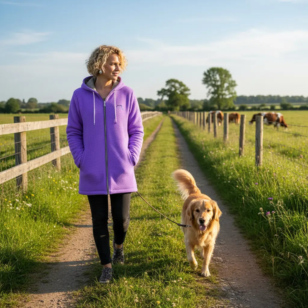 femme portant la veste polaire longue bolivia de face coloris mauve à la campagne avec son chien