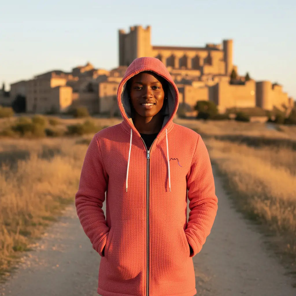femme portant la veste polaire longue bolivia de face coloris rose foncé devant un chateau en espagne