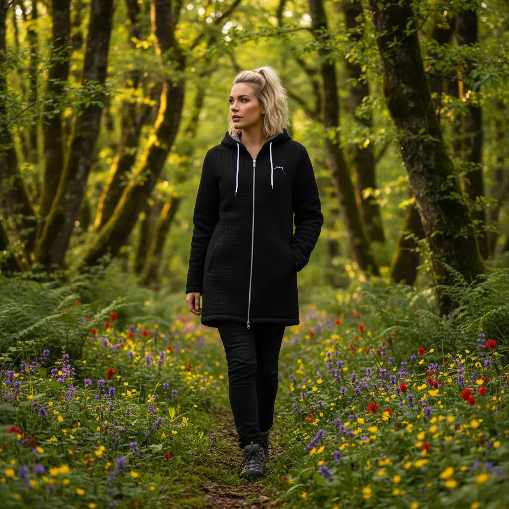 femme portant la veste polaire longue bolivia de face coloris noir en forêt