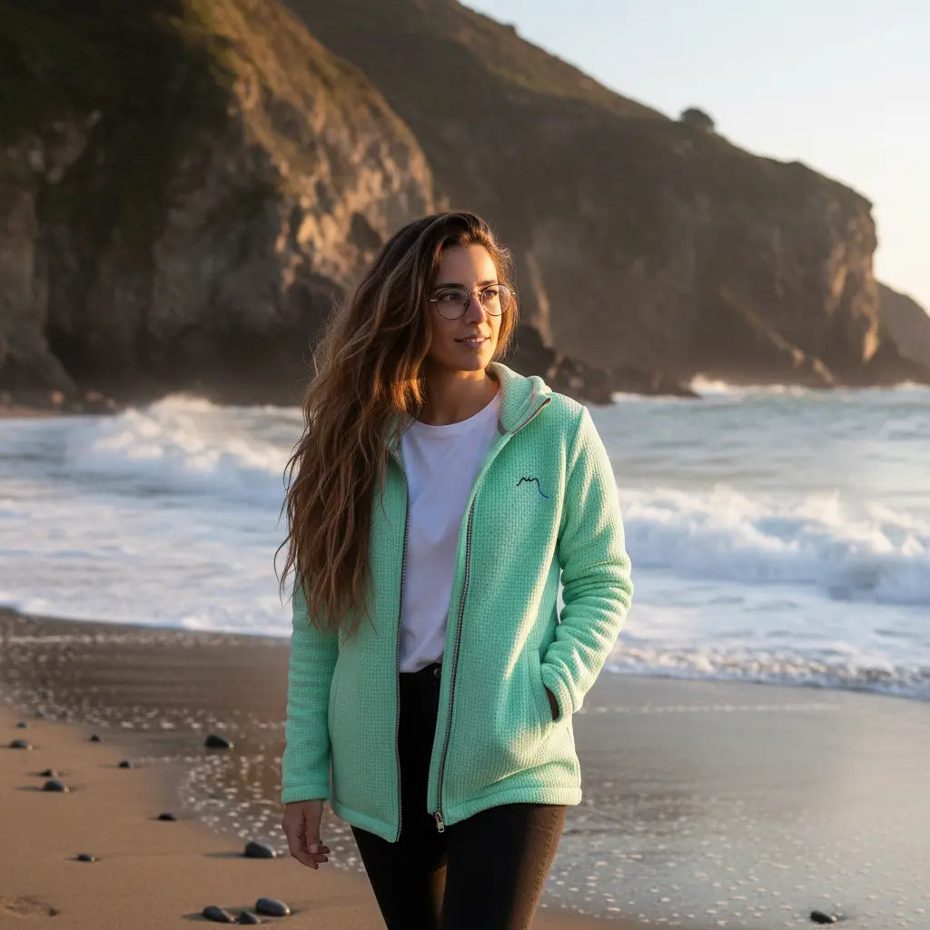 femme portant la veste polaire longue bolivia de face coloris vert pâle à la plage