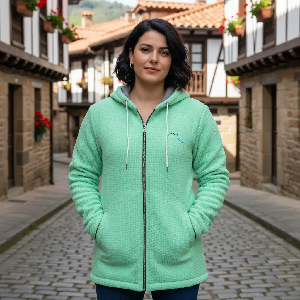 femme portant la veste polaire longue bolivia de face coloris vert pâle dans une village du pays basque