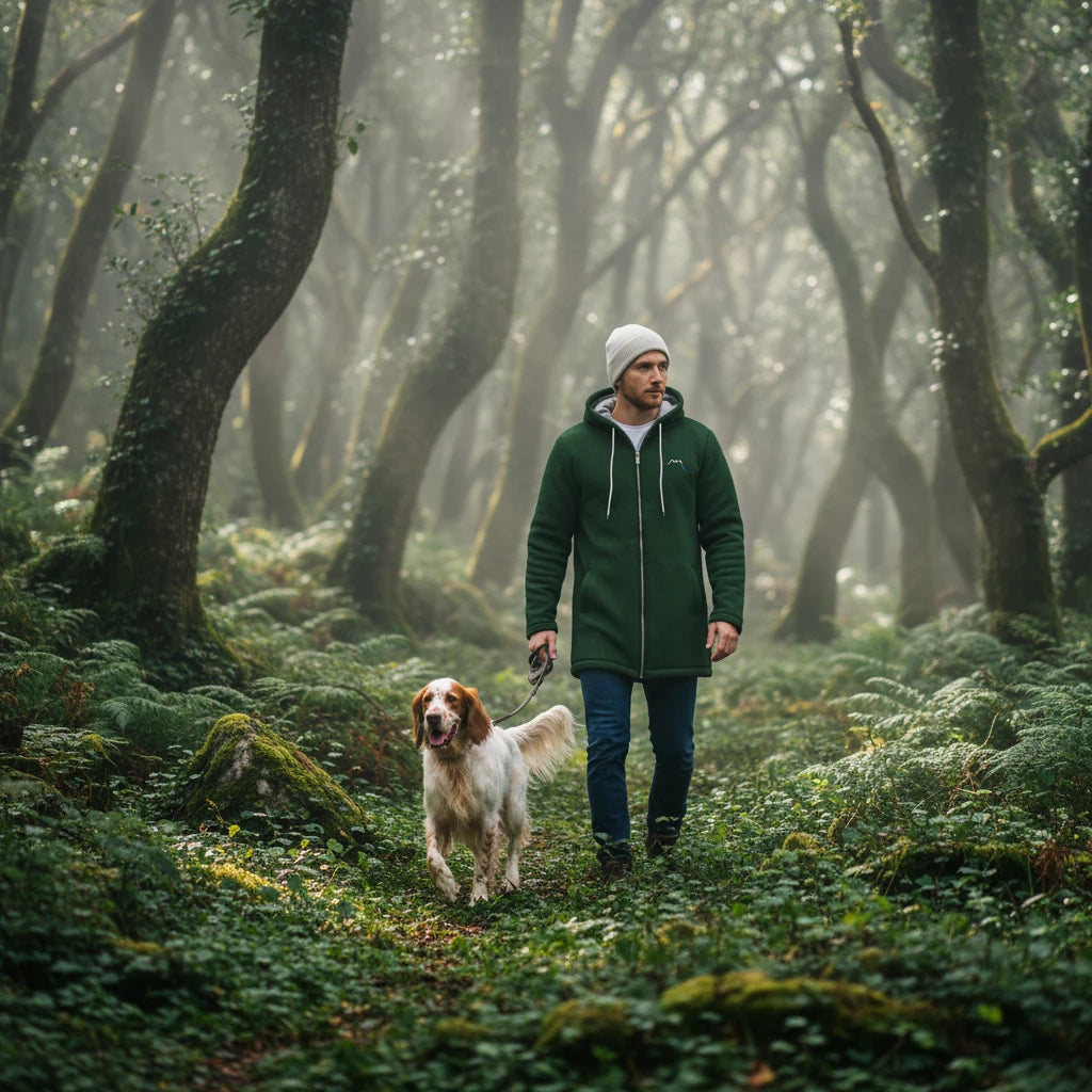 homme portant la veste polaire longue chili coloris vert forêt en forêt avec son chien 